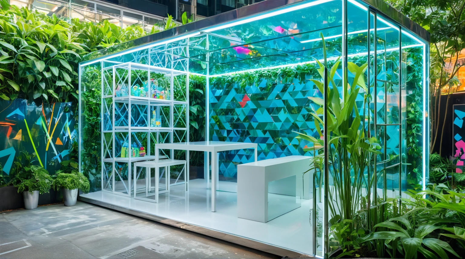 masterpiece , best quality, Design an outdoor booth for a children's popup shop, colorful graffiti, bright color palette and a white metal, transparent glass wall, light blue geometric, Surrounded by green plants, Hong Kong, water,reflection,((illumination))