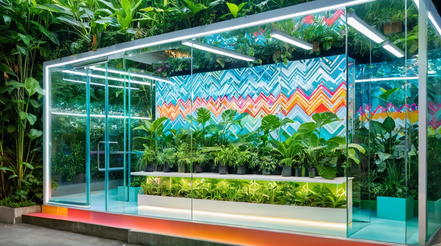 masterpiece , best quality, Design an outdoor booth for a children's popup shop, colorful graffiti, bright color palette and a white metal, transparent glass wall, light blue geometric, Surrounded by green plants, Hong Kong, water,reflection,((illumination))