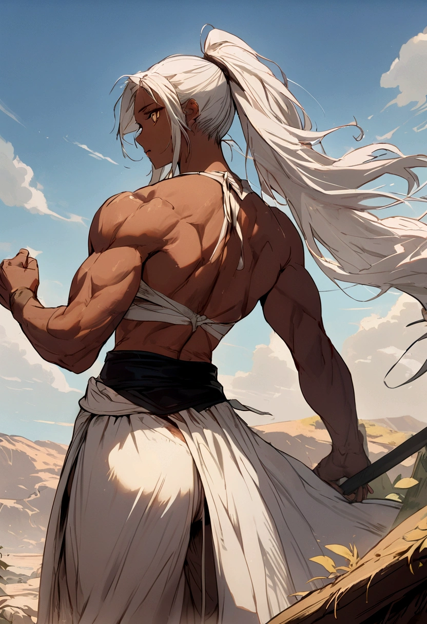 , (masterpiece:1.2), best quality,midjourney,
1woman, Dark skinned, Muscular, and, Yellow eyes. Long white messy hair. Big messy ponytail. Black waist cloth and baggy pants. Bandage bra. Close up rear