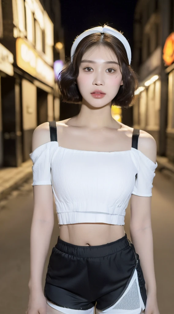 ((Best Quality, 8K, Masterpiece: 1.3)), (Flower Cap: 1.3), Focus: 1.2, Perfect Body Beauty: 1.4, Buttocks: 1.2, (Layered Haircut: 1.2)), (Dark Street: 1.3), Highly Detailed Face and Skin Texture, Full Body, Delicate Eyes, Double Eyelids, Whitened Skin, Long Hair, (Round Face: 1.5), (Loose Crop Top, Shorts: 1.6)