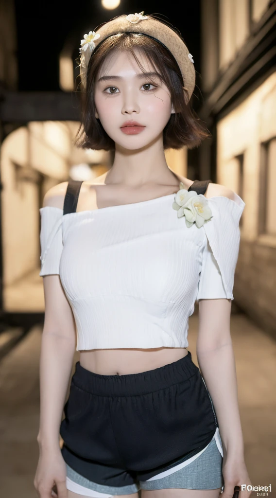 ((Best Quality, 8K, Masterpiece: 1.3)), (Flower Cap: 1.3), Focus: 1.2, Perfect Body Beauty: 1.4, Buttocks: 1.2, (Layered Haircut: 1.2)), (Dark Street: 1.3), Highly Detailed Face and Skin Texture, Full Body, Delicate Eyes, Double Eyelids, Whitened Skin, Long Hair, (Round Face: 1.5), (Loose Crop Top, Shorts: 1.6)