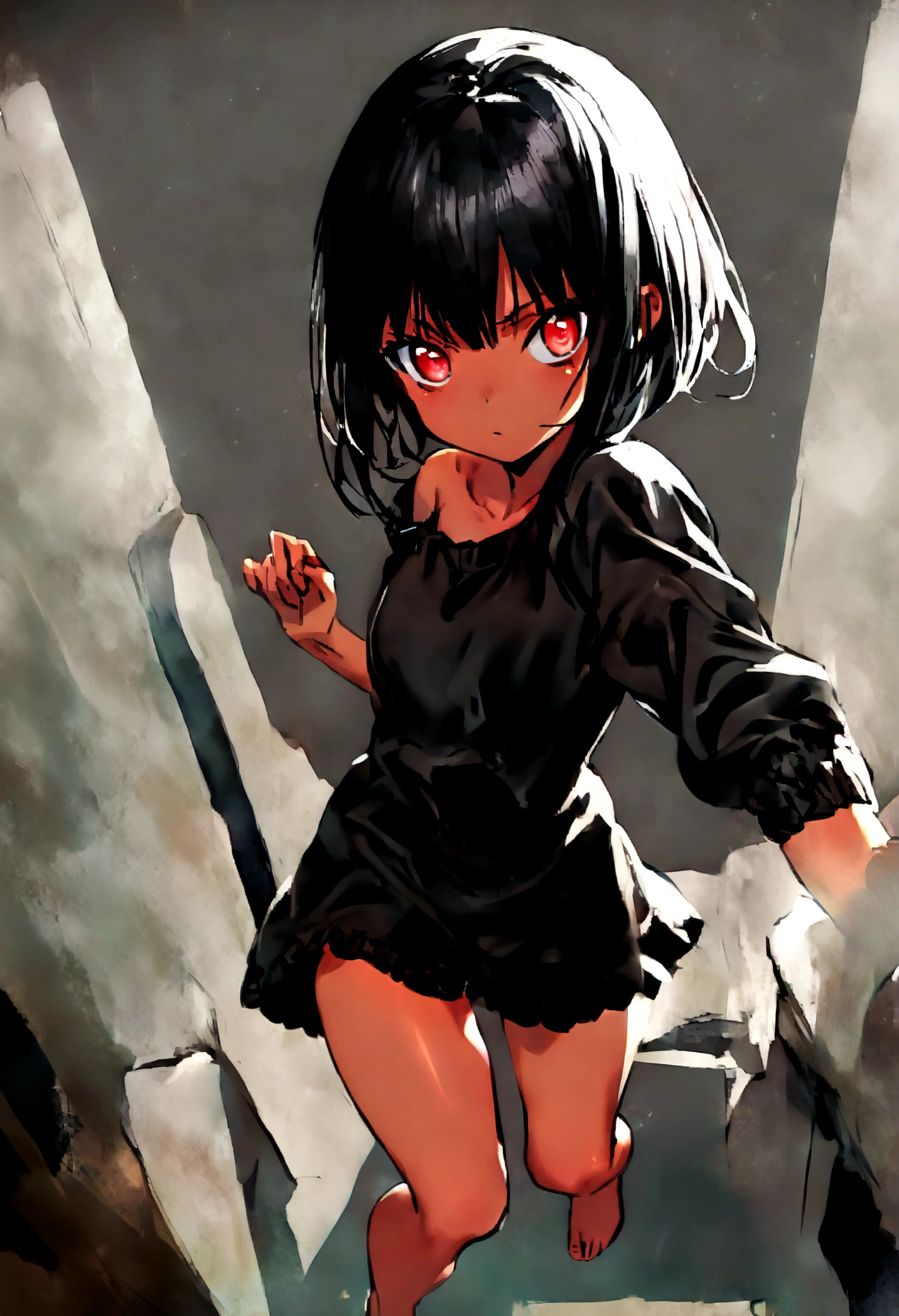 ****, Black hair, short hair, red eyes, tanned, wearing a black sweater, bare legs, hisako,