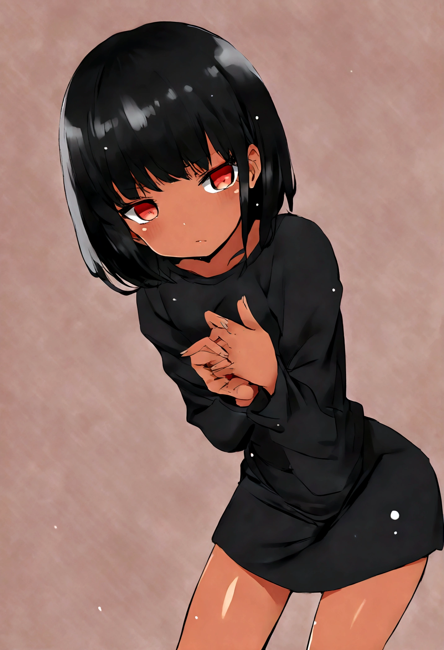 loli, Black hair, short hair, red eyes, tanned, wearing a black sweater, bare legs, hisako,