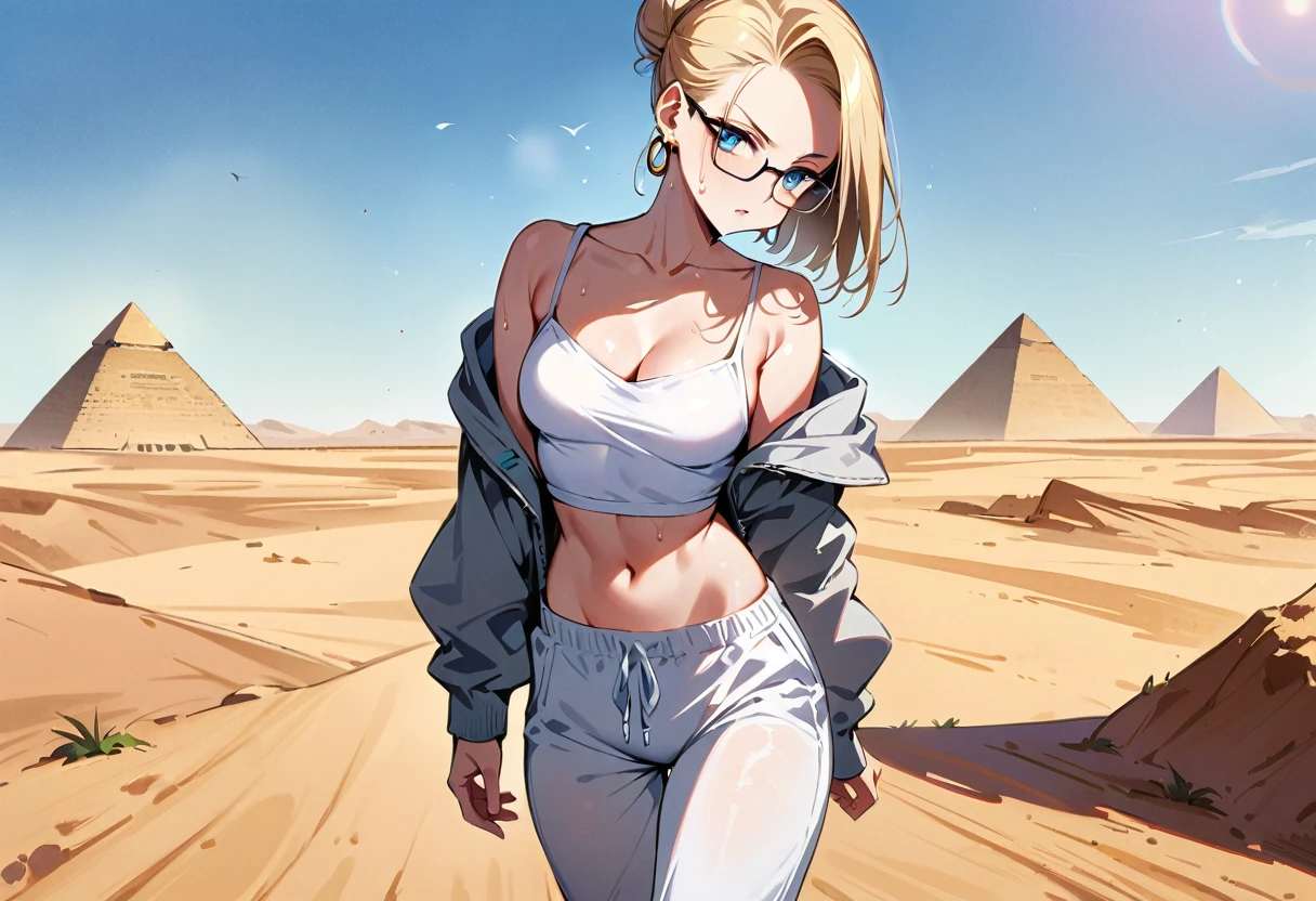 (masterpiece, best quality:1.2), solo, Android 18 from Dragon Ball, (light gray top), ((white slip-on crop top)), ((long sweatpants)), ((light gray sweatpants)), (gray hooded jacket), thighs, midriff, small breasts, sweat, blonde hair, (single hair bun), ((blue eyes)), glasses, earrings on earlobes, slender feminine figure, narrow waistline, skinny body, long legs, Egypt, walking across desert, large pyramid, daytime, clear sunny sky, sweating, cleavage, off shoulder, magnificent view, blur background, 4K