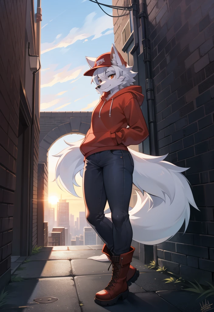(Wolf, furry, anthropomorphic), female, standing in alleyway, city background, outside, wearing jeans wearing red hoodie, Furry art, Fur on arms, big Floofy tail, fur on legs, (Black Fur covering whole body, Best quality, human like body figure), looking at sunrise, wearing white hat, wearing boots