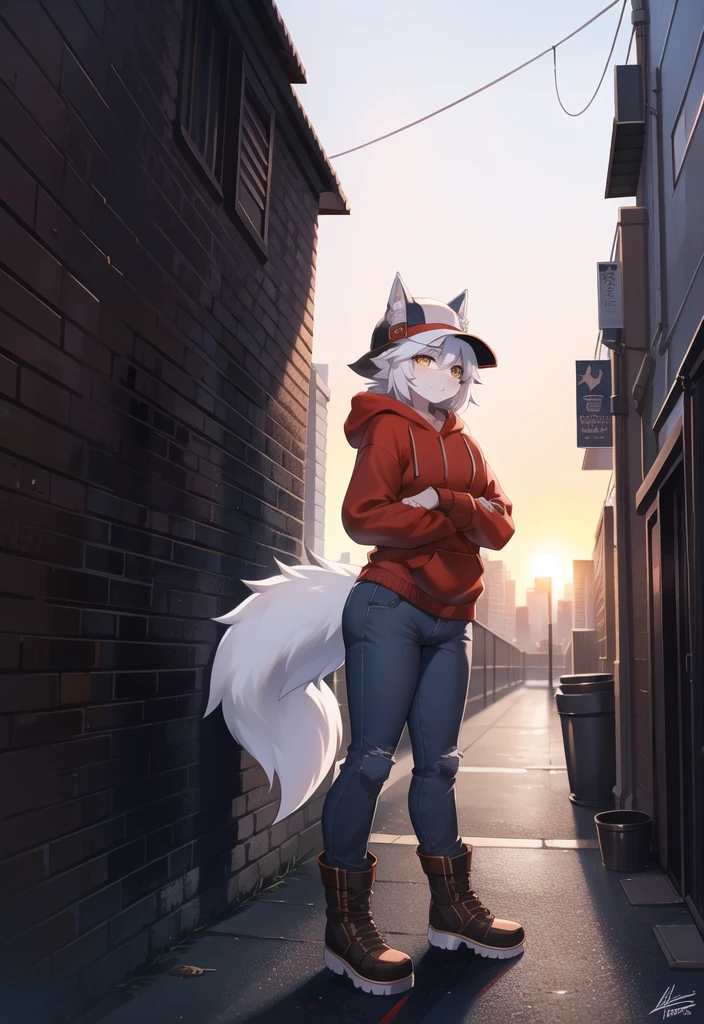 (Wolf, furry, anthropomorphic), female, standing in alleyway, city background, outside, wearing jeans wearing red hoodie, Furry art, Fur on arms, big Floofy tail, fur on legs, (Black Fur covering whole body, Best quality, human like body figure), looking at sunrise, wearing white hat, wearing boots