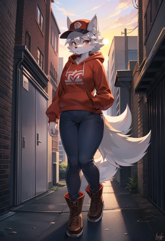 (Wolf, furry, anthropomorphic), female, standing in alleyway, city background, outside, wearing jeans wearing red hoodie, Furry art, Fur on arms, big Floofy tail, fur on legs, (Black Fur covering whole body, Best quality, human like body figure), looking at sunrise, wearing white hat, wearing boots
