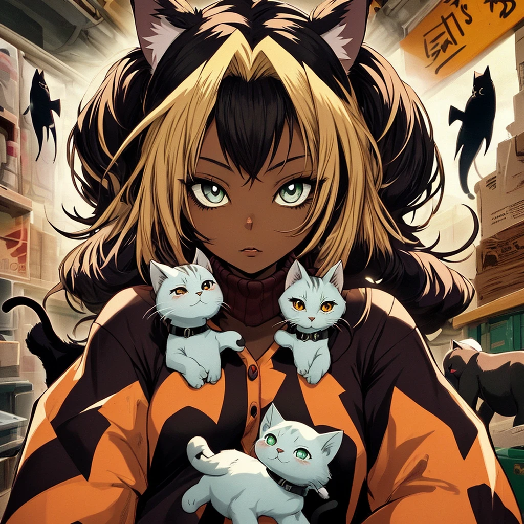 [anime furry, Pokémon, Gothic, fundo escuro,] A female cat, the beautiful ones are black, olhos grandes amarelos, dois pequenos chifres negros na testa, humanoid wearing a black translucent sweater.