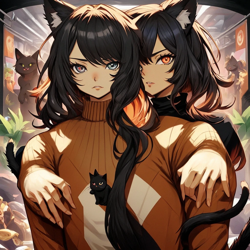 [anime furry, Pokémon, Gothic, fundo escuro,] A female cat, the beautiful ones are black, olhos grandes amarelos, dois pequenos chifres negros na testa, humanoid wearing a black translucent sweater.