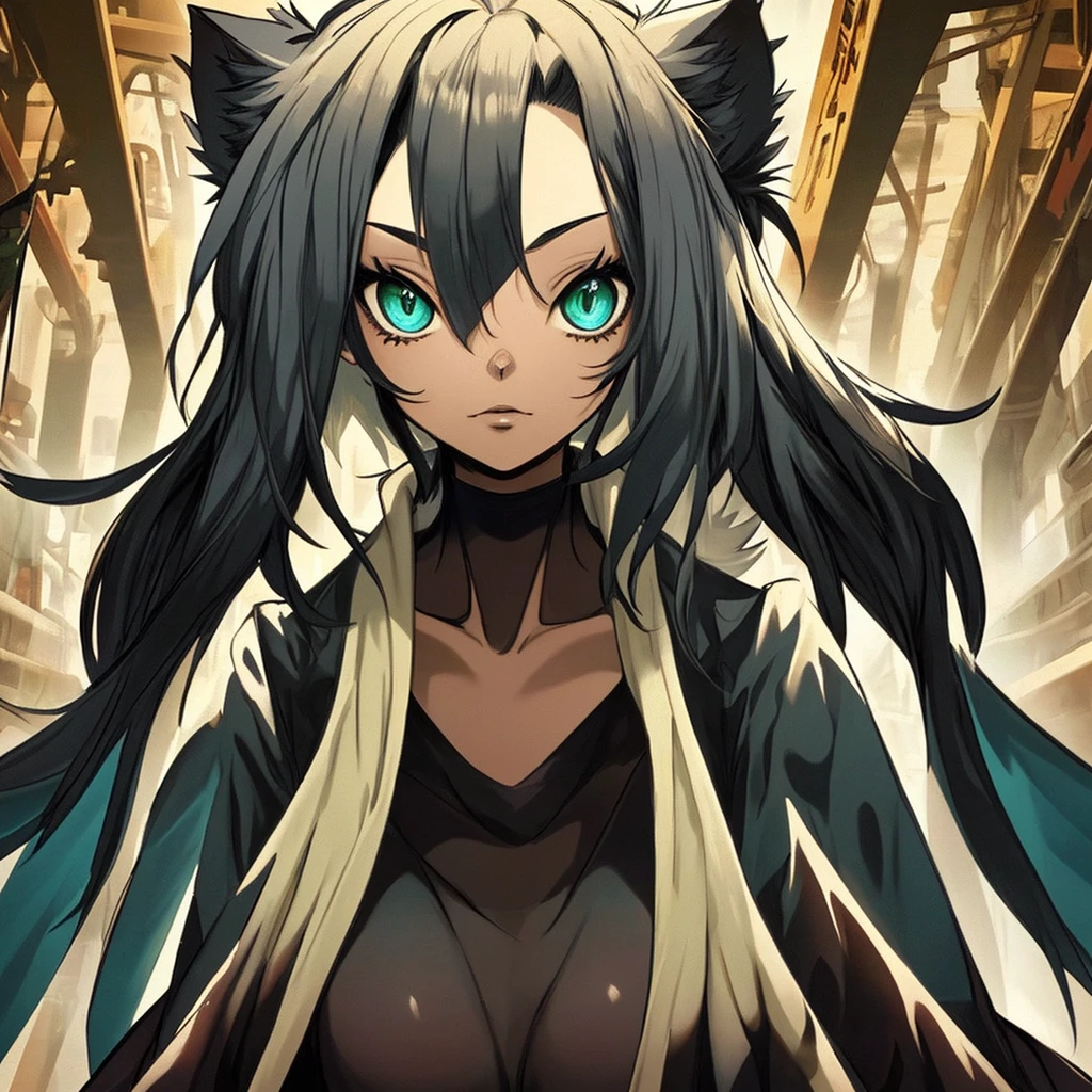 [anime furry, Pokémon, Gothic, fundo escuro,] A female cat, the beautiful ones are black, olhos grandes amarelos, dois pequenos chifres negros na testa, humanoid wearing a black translucent sweater.