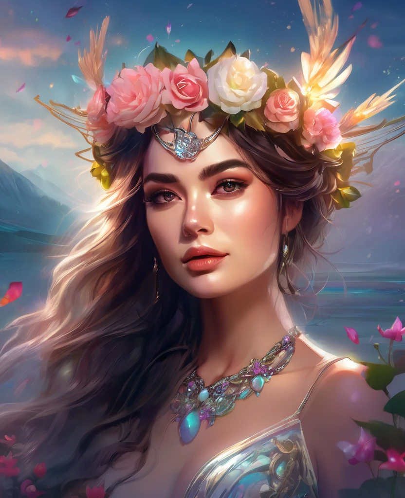 a woman with a flower crown on her head and a necklace, beautiful fantasy portrait, beautiful fantasy art portrait, fantasy portrait, fantasy art portrait, beautiful fantasy maiden, beautiful portrait, fantasy genre portrait, fantasy portrait art, intricate wlop, beautiful digital artwork, beautiful fantasy art, beautiful maiden, romanticism portrait, ross tran 8 k, very beautiful portrait, beautiful portrait image