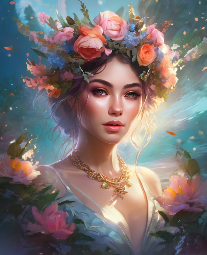 a woman with a flower crown on her head and a necklace, beautiful fantasy portrait, beautiful fantasy art portrait, fantasy portrait, fantasy art portrait, beautiful fantasy maiden, beautiful portrait, fantasy genre portrait, fantasy portrait art, intricate wlop, beautiful digital artwork, beautiful fantasy art, beautiful maiden, romanticism portrait, ross tran 8 k, very beautiful portrait, beautiful portrait image