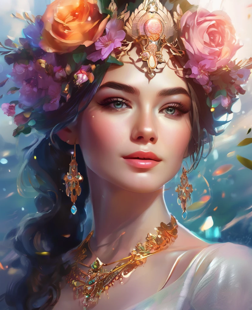 a woman with a flower crown on her head and a necklace, beautiful fantasy portrait, beautiful fantasy art portrait, fantasy portrait, fantasy art portrait, beautiful fantasy maiden, beautiful portrait, fantasy genre portrait, fantasy portrait art, intricate wlop, beautiful digital artwork, beautiful fantasy art, beautiful maiden, romanticism portrait, ross tran 8 k, very beautiful portrait, beautiful portrait image