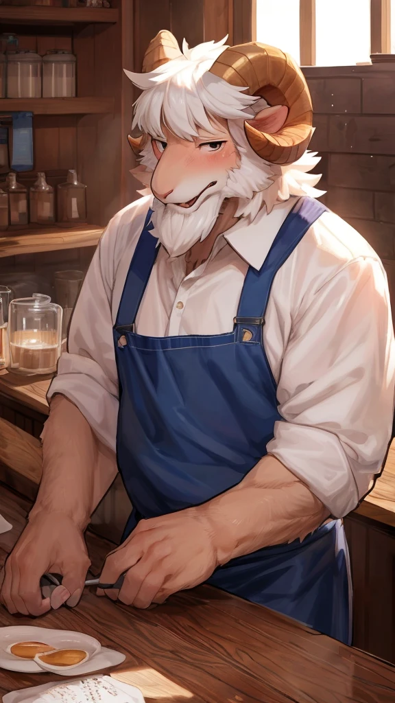 (Best quality: 1.0), (Super High Resolution: 1.0), (masterpiece, best quality:1.2), detailed, detailed hands, detailed eyes, score_9, score_8_up, score_7_up, furry, anthro, ((ram)), ((solo)), grandpa, (about 70 years old), (manly), curved horns, handsome face, huge, bangs, white beard, beard above mouth, fluffly fur, nipples, looking pleasured, sexually, sexy pose, SFW, coffee shop, apron, flaccid, in heat, panting, sweat, sweaty, musk, (skinny, shy), hands touching, saliva, saliva string, (looking at viewer, shy), blushes:0.3, close up view, side view, (by bebebebebe, by syuro)
