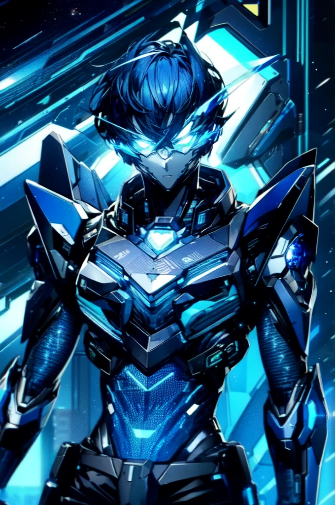 a guy, dark blue hair, crystal blue eyes, tall and quiet fit, bright blue futuristic looking veins on the forearms and hands, futuristic glasses holographic panel infront of the eyes looking like a headset, wearing sleeveless jacket, baggy pants, long boots, neon patterns, futuristic glasses, sci-fi, hightech, glowing blue veins, light skin, a cube hovering over palm, upper body only