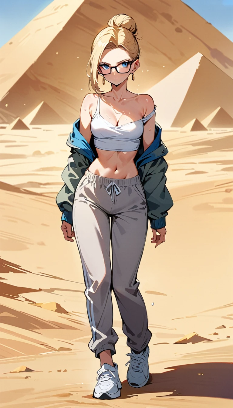 (masterpiece, best quality:1.2), full body, solo, Android 18 from Dragon Ball, (light gray top), ((white slip-on crop top)), ((long sweatpants)), ((light gray sweatpants)), (gray hooded jacket), thighs, midriff, small breasts, sweat, blonde hair, (single hair bun), ((blue eyes)), glasses, earrings on earlobes, slender feminine figure, narrow waistline, skinny body, long legs, Egypt, walking across desert, large pyramid, daytime, clear sunny sky, sweating, cleavage, off shoulder, magnificent view, blur background, 4K