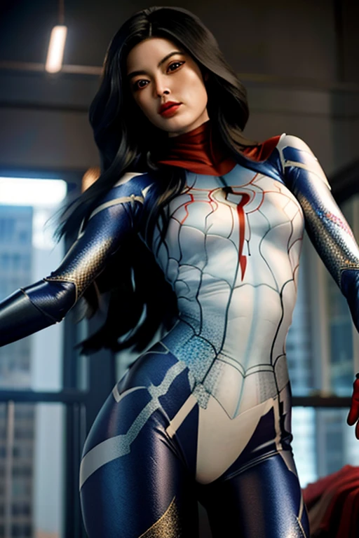 A closeup of a woman in a red and yellow suit, showing the buttocks ,Spider woman!!!!!, Spider woman, Spider woman!!, ( (Spider woman) ), lara croft as Spider woman, red spider webs, wearing red and yellow hero costume, comic character, 90s comic character design, no text, the debt, female superhero proportions, Spider Zero, marvelous