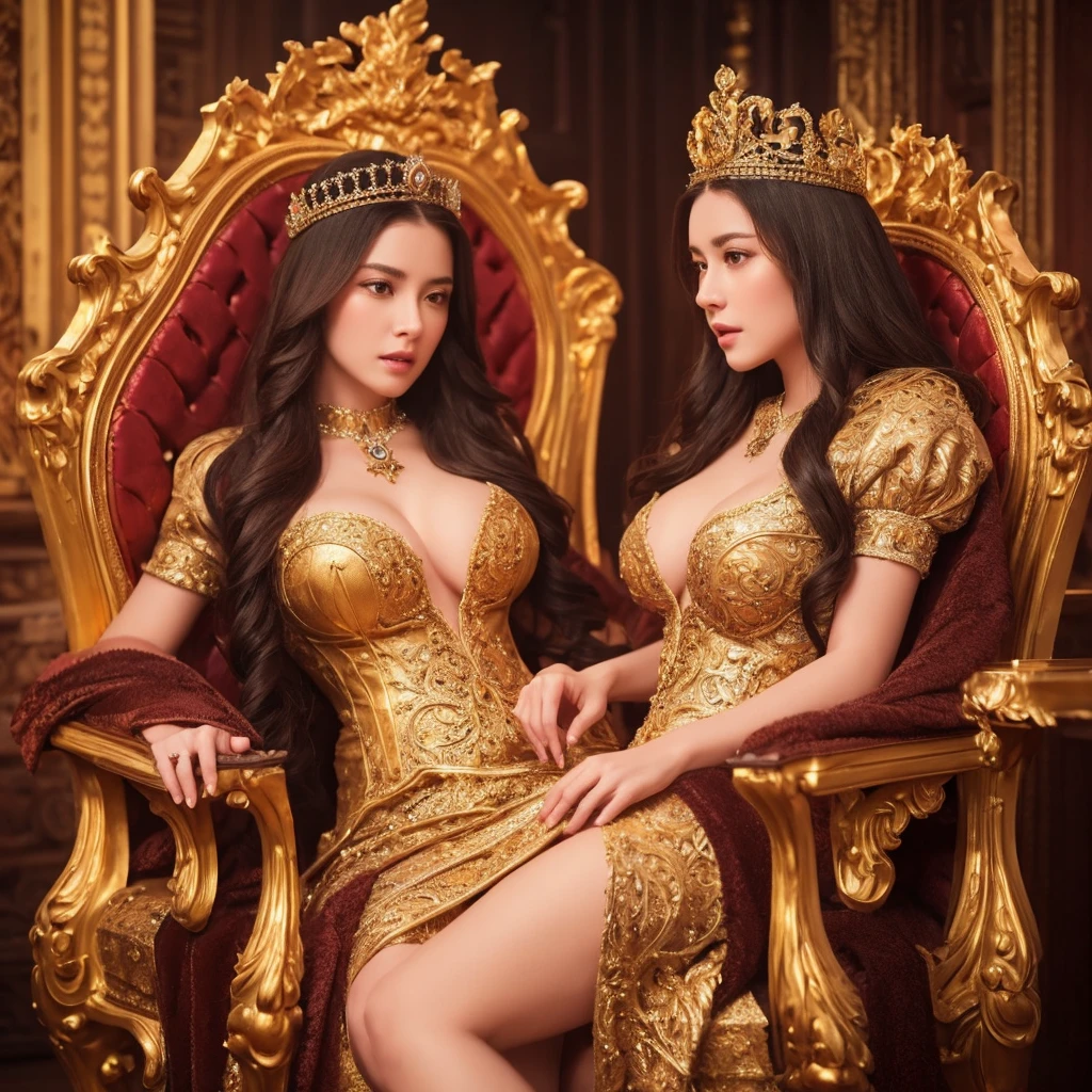 a woman sitting on a throne, 赤dress, very large breasts, beautiful crown, looking down, detailed face, realistic, photorealistic, 8k, masterpiece, oil painting, dramatic lighting, fantasy, intricate details, ornate throne, medieval, regal, powerful expressionShe lives in a golden castle