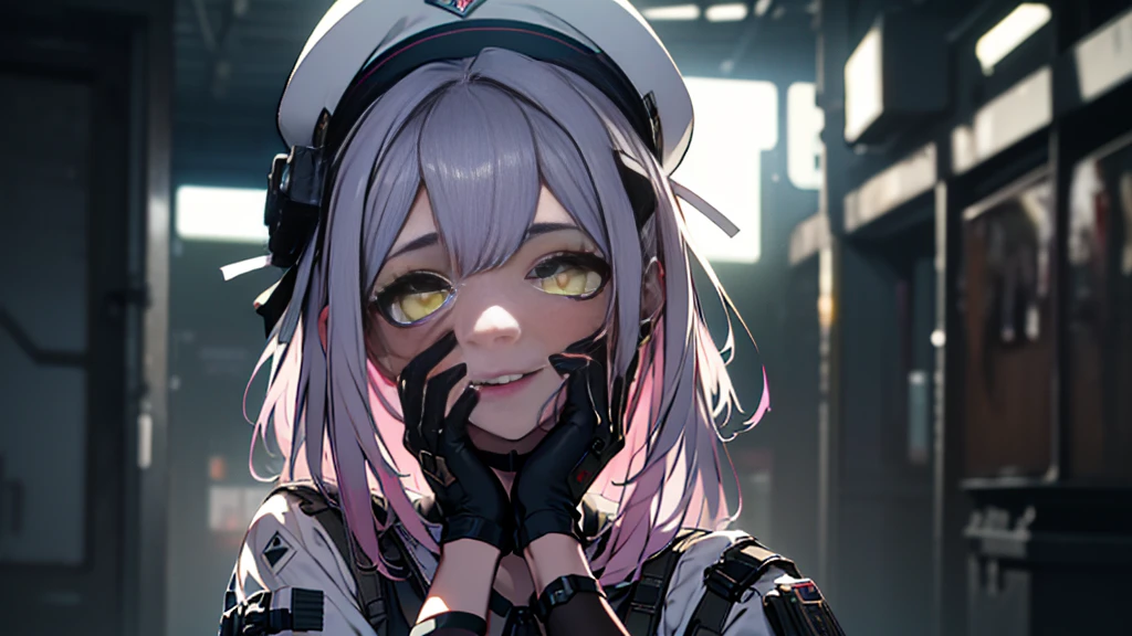 ((Best quality)), ((masterpiece)), (detailed:1.4), 3D, an image of a beautiful cyberpunk female, Yandere , Yandere Face , Trance , Trance Eyes , yameroyandere , constricted pupils , yandere , empty eyes . shaded face , crazy eyes , glowing yellow eyes , crazy smile , neonfx, neon_valorant, 1girl, solo, looking at viewer, yellow eyes,long silver pink hair, shoulder length hair , white barret hat , gloves, navel, bare midriff, multicolored hair, parted lips, black gloves, belt, pants, hand on hip, floating hair, bandaid, bandaid on face, electricity, animification, bandaid on nose, large breasts, HDR (High Dynamic Range),Ray Tracing,NVIDIA RTX,Super-Resolution,Unreal 5,Subsurface scattering,PBR Texturing,Post-processing,Anisotropic Filtering,Depth-of-field,Maximum clarity and sharpness,Multi-layered textures,Albedo and Specular maps,Surface shading,Accurate simulation of light-material interaction,Perfect proportions,Octane Render,Two-tone lighting,Wide aperture,Low ISO,White balance,Rule of thirds,8K RAW,