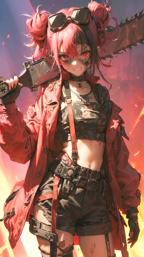 ultra-detailed, crazy girl, beautiful eyes, red eyes, , cute figure, cute face, grin, executioner, small horns on either side of forehead, Steampunk style goggles on head, sharp eyes, wild and bold, hair color pink gradient with black accent only on left side, hair in bun, bob bangs, Steampunk, (((overall clothes are dirty and tattered))), large military design jacket, black shorts, thigh-high knee socks, boots, leather gloves with the fingers cut off, (((worn-out, horrible saw, but cutely designed))), background is a collapsed On a live stage in hell with buildings, pink and red lights shining, composition like a scene from a movie, 16K, top quality, masterpiece