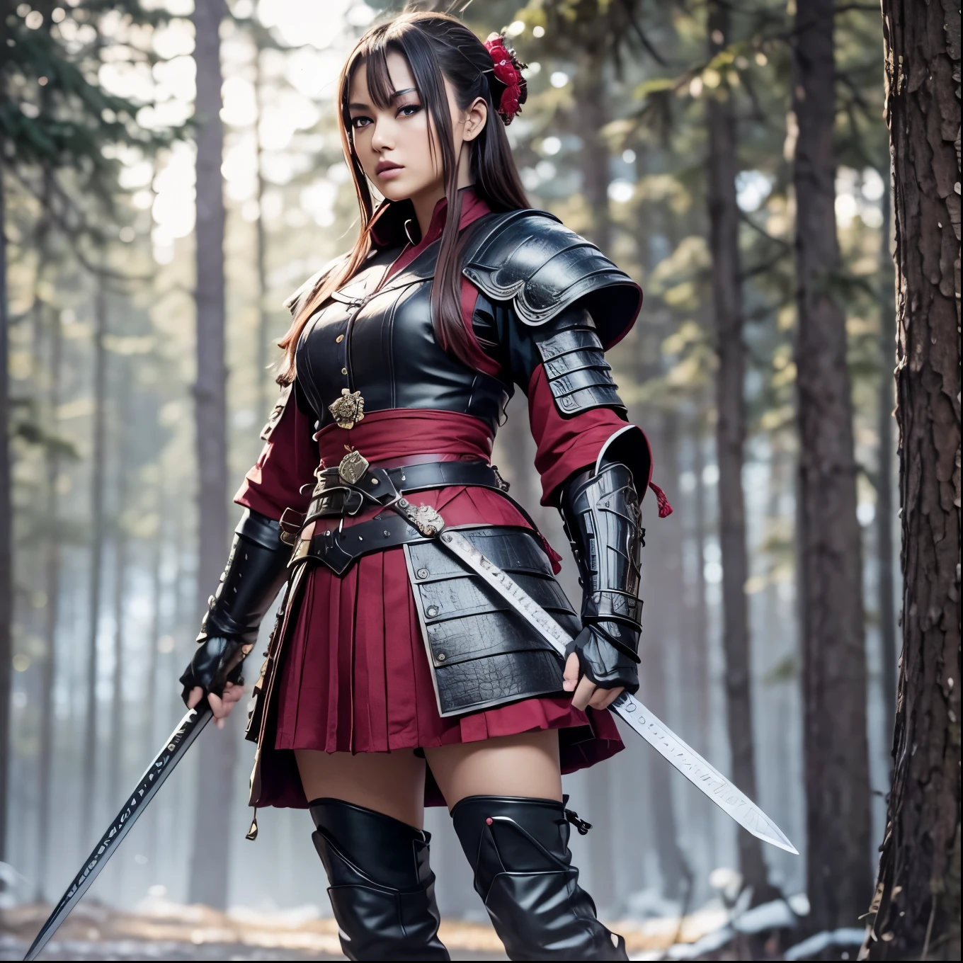 (8k, best quality, masterpiece:1.2), (photorealistic:1.4), RAW photo, best quality, ultra high res, best shadow, (full body:1.4), A short-haired female, japanese armor, Samurai Sword, massive scale stunning environment, horror, dark horror, highly detailed facial features, beautiful and flawless face, perfect eyes