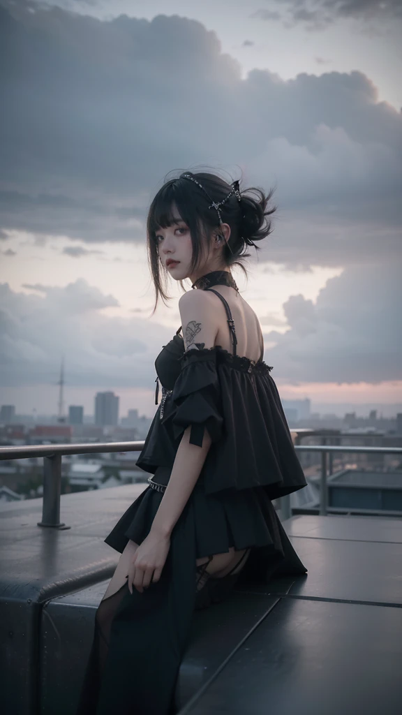 from below, minimum, harmony, tranquility, aesthetic, grey sky, cloudy sky, in Rooftop, obscure light and shadow, 1 girl, 24-years-old, slender, floating Medium Hair, bangs, (Gothic_Punk:1.2), masterpiece, best quality, RAW Photos, sigma 50mm f1.4, candytt, Detailed costume, 