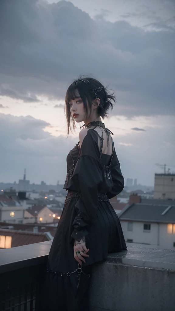 from below, minimum, harmony, tranquility, aesthetic, grey sky, cloudy sky, in Rooftop, obscure light and shadow, 1 girl, 24-years-old, slender, floating Medium Hair, bangs, (Gothic_Punk:1.2), masterpiece, best quality, RAW Photos, sigma 50mm f1.4, candytt, Detailed costume,