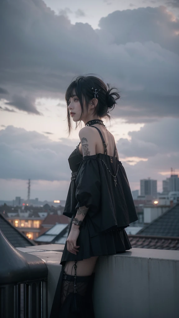 from below, minimum, harmony, tranquility, aesthetic, grey sky, cloudy sky, in Rooftop, obscure light and shadow, 1 girl, 24-years-old, slender, floating Medium Hair, bangs, (Gothic_Punk:1.2), masterpiece, best quality, RAW Photos, sigma 50mm f1.4, candytt, Detailed costume,