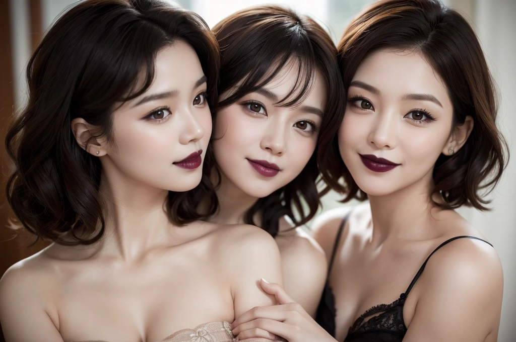 two extremely sexy women who are wives of 4 years old boy looking at camera, flustered smiles, short curly auburn hair, black lipstick, portrait, close up to faces