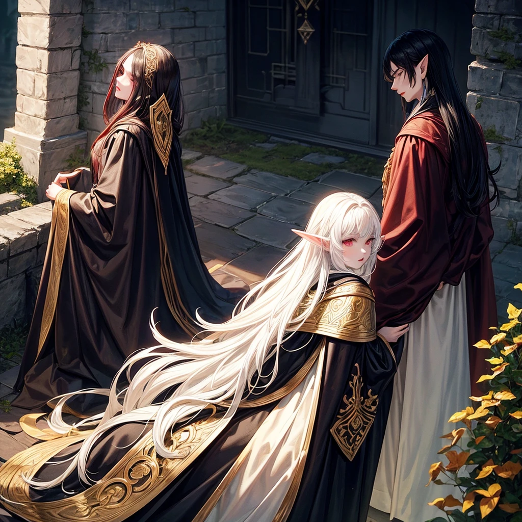 A black-haired girl with white skin, big red lips, a black cloak with golden embroidery, and an elf man with long golden hair, a black robe up to his knees, who is leaning against the castle wall and looking at the girl from behind, and the air is dark.