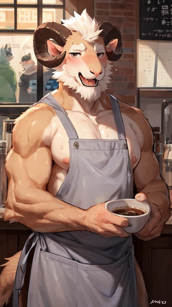 (Best quality: 1.0), (Super High Resolution: 1.0), (masterpiece, best quality:1.2), detailed, detailed hands, detailed eyes, score_9, score_8_up, score_7_up, furry, anthro, ((ram)), ((solo)), grandpa, (about 70 years old), (manly), curved horns, handsome face, huge, bangs, white beard, beard above mouth, fluffly fur, nipples, looking pleasured, sexually, sexy pose, SFW, coffee shop, apron, flaccid, in heat, panting, sweat, sweaty, musk, (skinny, shy), hands touching, saliva, saliva string, (looking at viewer, shy), blushes:0.3, close up view, side view, (by bebebebebe, by syuro)