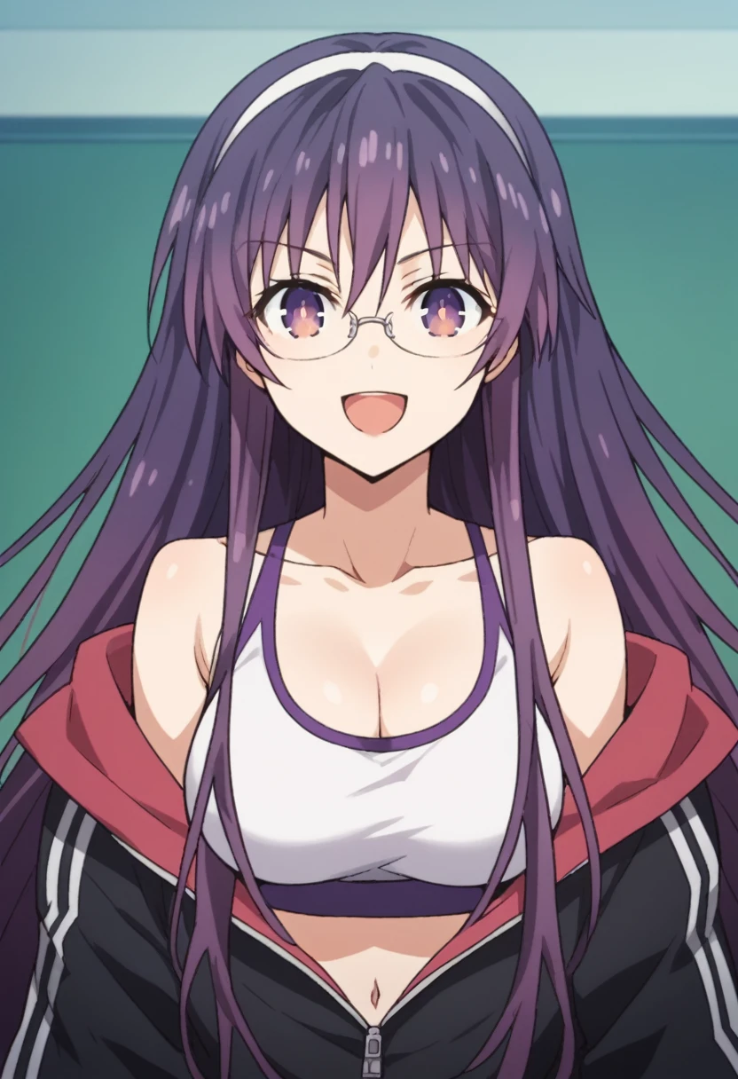 Score_9, Score_8_up, Score_7_up, anime_font, Tohka Yatogami,
takeayatogami, takea yatogami, headband, purple eyes, purple hair, long hair, red hair, solo, breasts, looking_at_viewer, big_breasts, navel, cleavage, smile, open mouth, collarbone, jacket, upper body, glasses, abdomen, bare shoulders, taupe, black_jacket, sports_bra