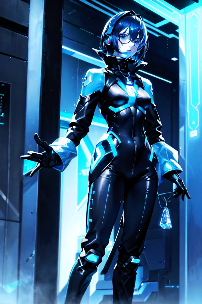 a guy, dark blue hair, crystal blue eyes, tall and quiet fit, bright blue futuristic looking veins on the forearms and hands, futuristic glasses holographic panel infront of the eyes looking like a headset, wearing sleeveless jacket, baggy pants, long boots, neon patterns, futuristic glasses, sci-fi, hightech, glowing blue veins, light skin, a cube hovering over palm, upper body only