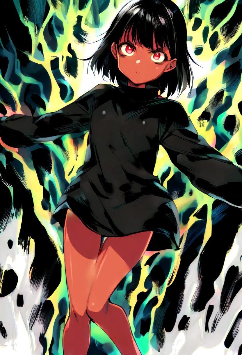 ****, Black hair, short hair, red eyes, tanned, wearing a black sweater, bare legs, hisako,