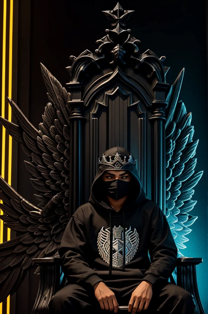 A  boy sitting on a kings throne with a black mask and a black hoodie . Behind the thron e there is a wall with the name 'HABIBI' with neon lights ! And the king throne has angels wings on both side 