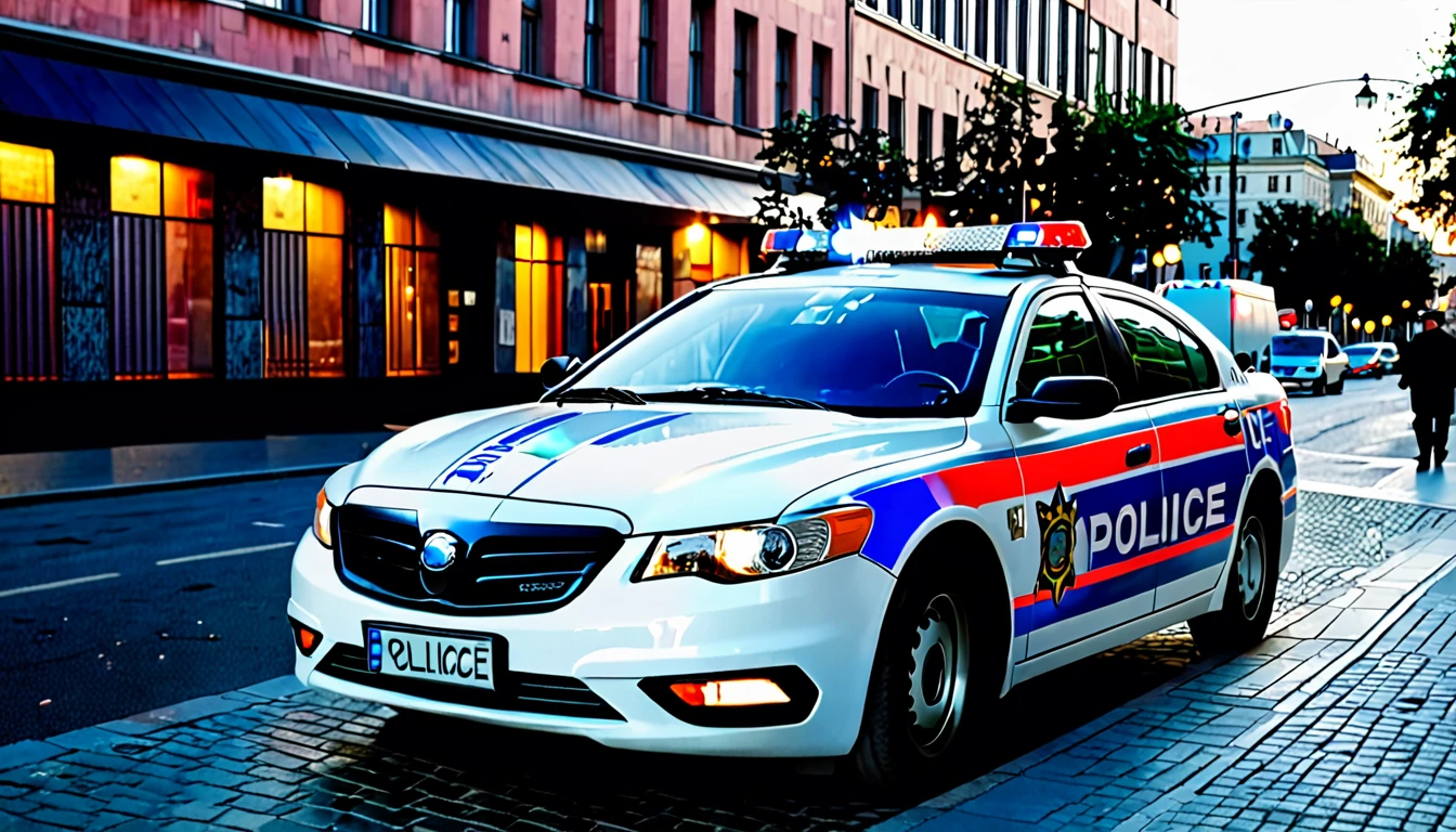 police car parked, close to the sidewalk, city center, no people on the street, late afternoon, sinister atmosphere