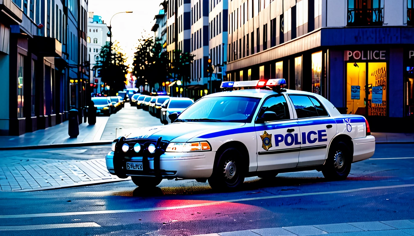 police car parked, close to the sidewalk, city center, no people on the street, late afternoon, sinister atmosphere