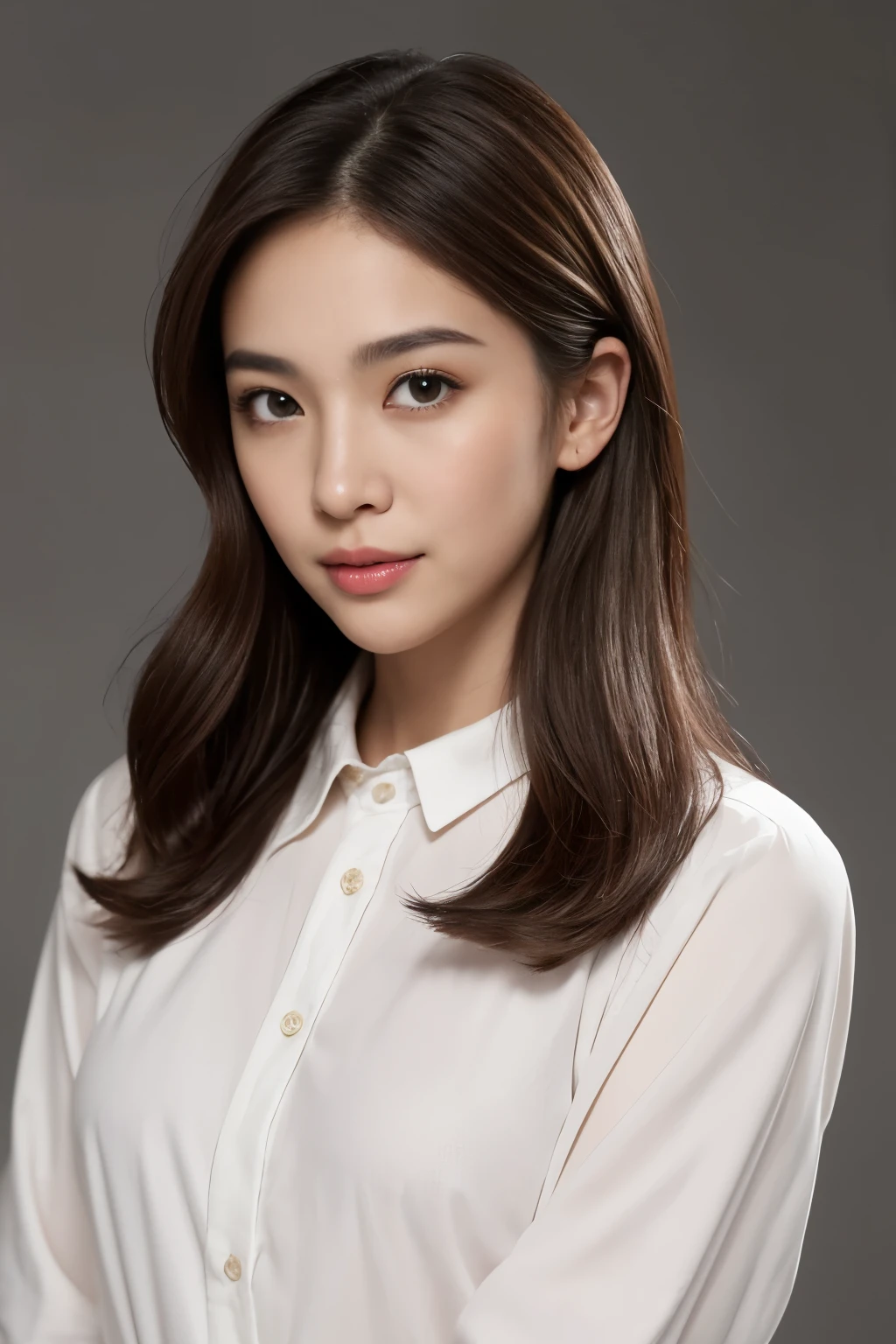 Create a (( mid-shot )) photorealistic image of a beautiful Asian woman with fair, smooth, flawless skin. She has large, round, sparkling eyes with naturally long and curled eyelashes, and well-defined, dark eyebrows. Her nose is straight and high, and her naturally pink, soft lips form a gentle smile. She has short, slightly curled brown hair that highlights her delicate facial features. Her face is oval-shaped, with a wide and high forehead, moderately high cheekbones, and a pointed, slender chin. (( waist to top)) ((wearing white shirt)), (()), As she confidently posing for camera, , studio light, gray background, full body