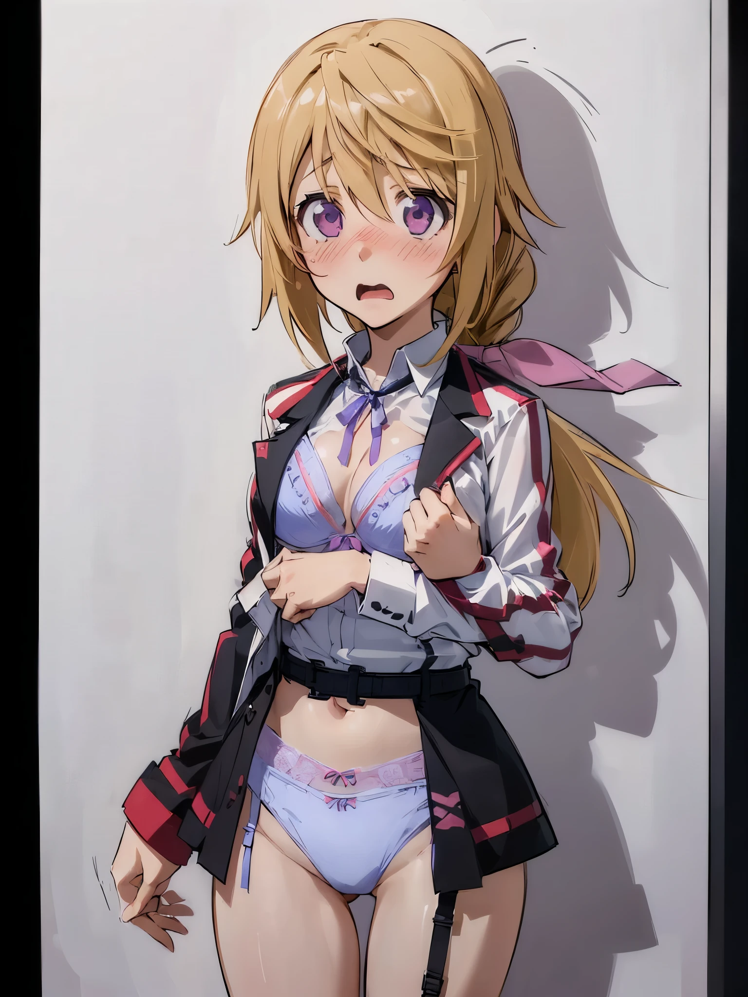 NSFW,(One girl:1.5),sd1、Charlotte Dunois、ponytail、uniform、skirt、Hair Ribbon、belt、Long sleeve,(High-quality lingerie:1.5),(Perfect hands),(Perfect Anatomy),(masterpiece),(highest quality),(Surprised face:1.5),Embarrassed,blush,locker room,locker,(Changing clothes:1.5)