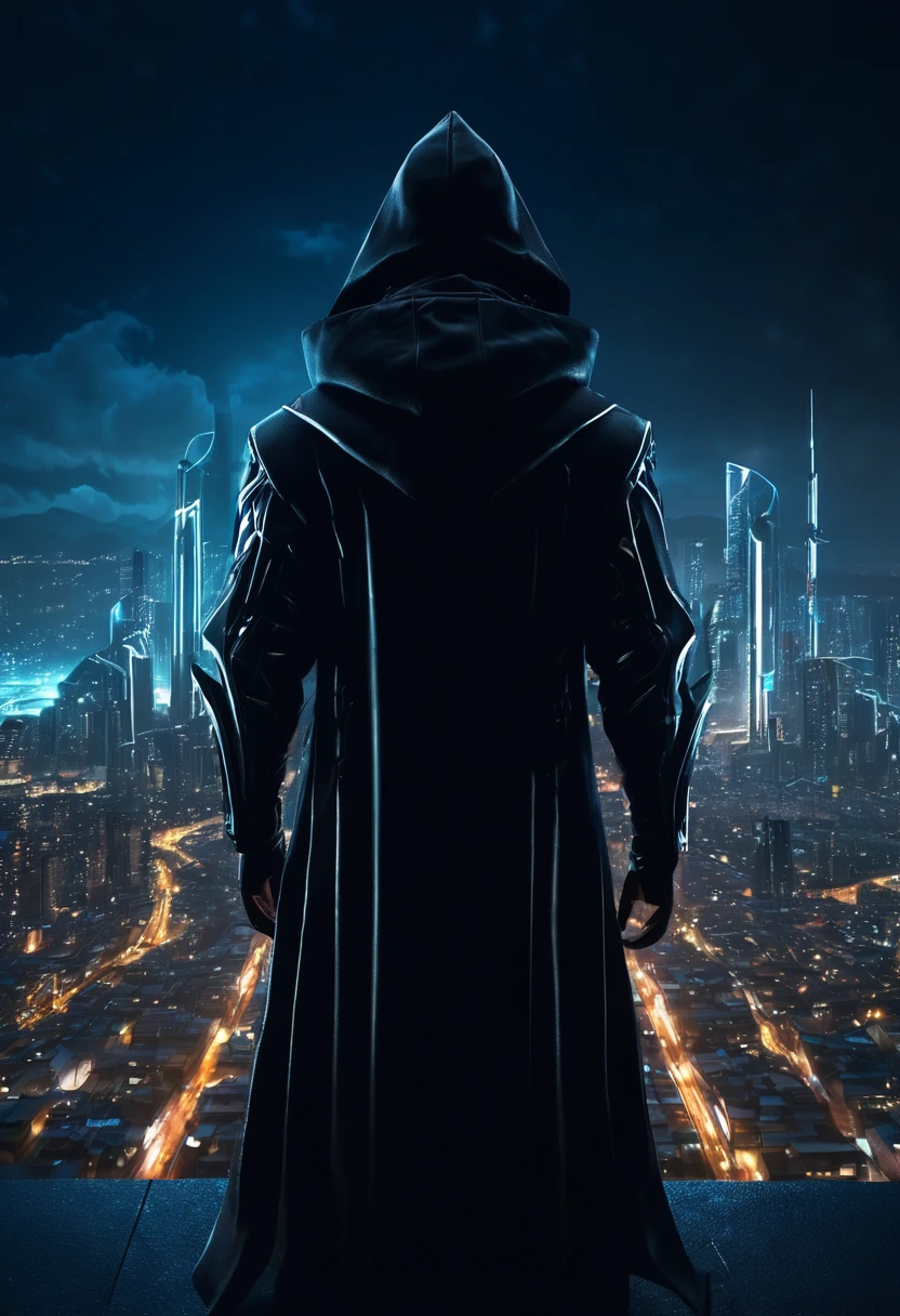 a man in a hooded futuristic outfit, standing on a ledge, observing a futuristic city at night, dark cityscape with bright lights, (best quality,4k,8k,highres,masterpiece:1.2),ultra-detailed,(realistic,photorealistic,photo-realistic:1.37),cinematic lighting,dramatic shadows,moody atmosphere,intricate details,glowing city lights,advanced technology,retrofuturistic architecture,dynamic pose,hood casting shadow on face,intense gaze