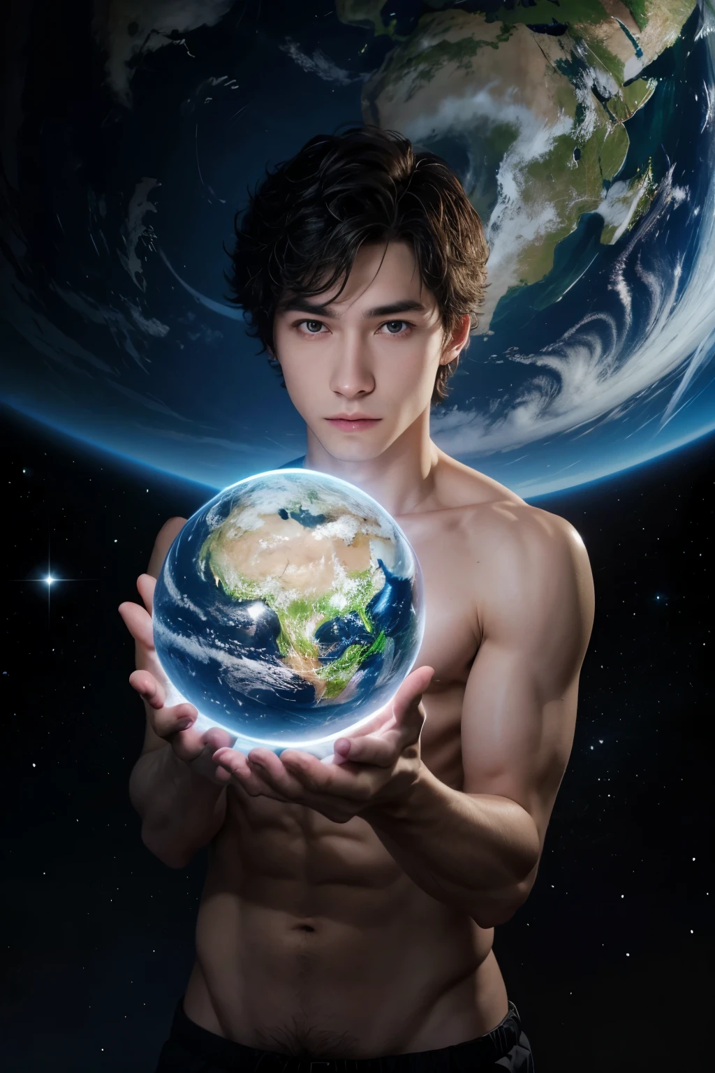 1 man with a brain that glows holding planet earth