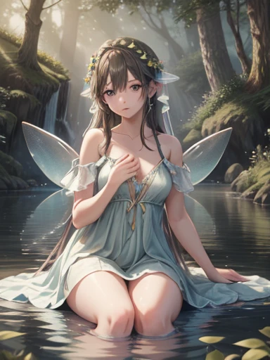 (best quality, 4k, 8k, highres, masterpiece:1.2), ultra-d etailed,(realistic, photorealistic,photo-realistic:1 .37), portrait of fairies,enjoying water play in a beautiful r iver in the forest,fairy with detailed face and hands, enchanted woodland scene, sparkling water, sunlig ht streaming through the trees, vibrant colors, ether eal atmosphere, delicate wings, flowing dresses, mi schievous expressions, shimmering reflections on t he water surface