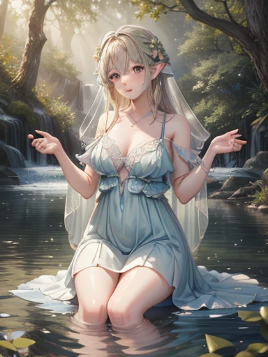 (best quality, 4k, 8k, highres, masterpiece:1.2), ultra-d etailed,(realistic, photorealistic,photo-realistic:1 .37), portrait of fairies,enjoying water play in a beautiful r iver in the forest,fairy with detailed face and hands, enchanted woodland scene, sparkling water, sunlig ht streaming through the trees, vibrant colors, ether eal atmosphere, delicate wings, flowing dresses, mi schievous expressions, shimmering reflections on t he water surface