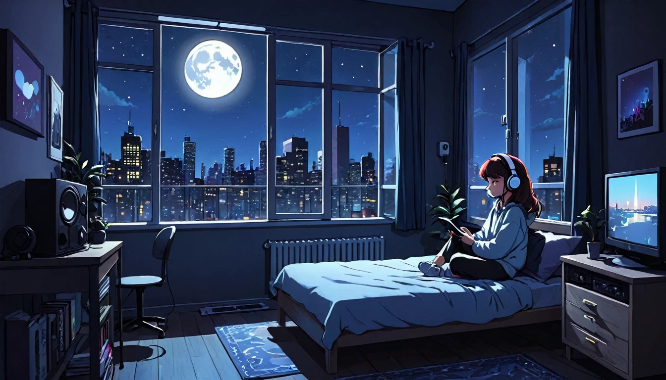 1 girl, 90s cartoon style, night, Studio Room, moon, Girl wearing headphones, late night room, Listening to music alone, City Pop, low quality, Lo-Fi, Chill, late night, Rooms for single people, Dark Room, outside the window is a night view of the near future,