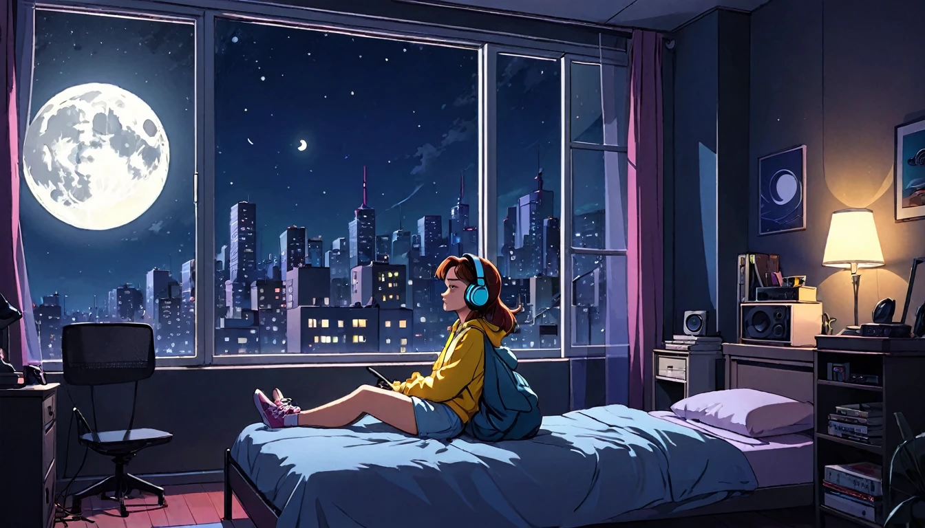 1 girl, 90s cartoon style, night, Studio Room, moon, Girl wearing headphones, late night room, Listening to music alone, City Pop, low quality, Lo-Fi, Chill, late night, Rooms for single people, Dark Room, outside the window is a night view of the near future,