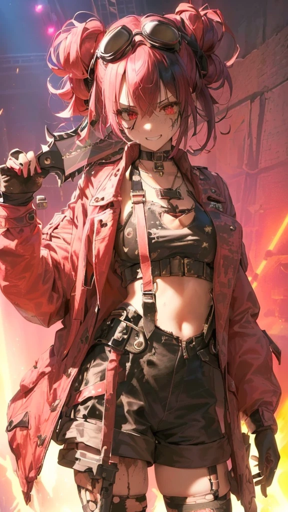 ultra-detailed, crazy girl, beautiful eyes, red eyes, , cute figure, cute face, grin, executioner, small horns on either side of forehead, Steampunk style goggles on head, sharp eyes, wild and bold, hair color pink gradient with black accent only on left side, hair in bun, bob bangs, Steampunk, (((overall clothes are dirty and tattered))), large military design jacket, black shorts, thigh-high knee socks, boots, leather gloves with the fingers cut off, (((worn-out, horrible saw, but cutely designed))), background is a collapsed On a live stage in hell with buildings, pink and red lights shining, composition like a scene from a movie, 16K, top quality, masterpiece