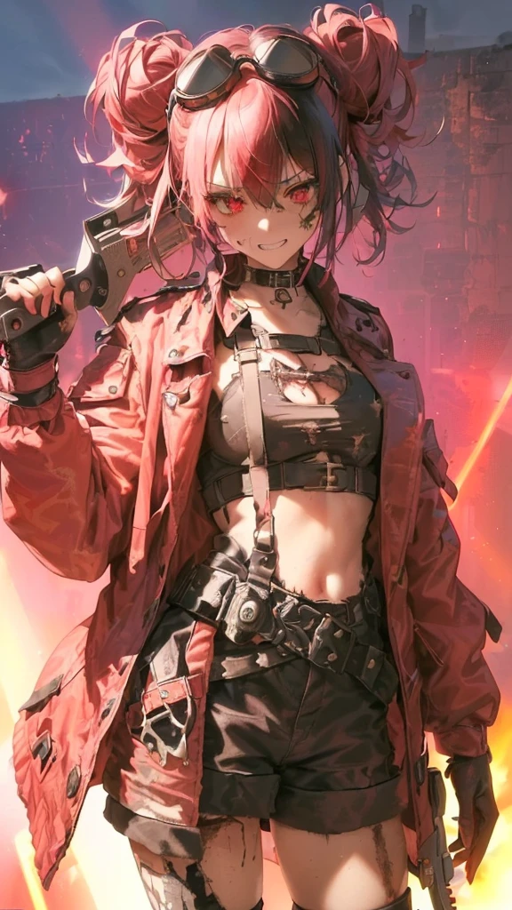 ultra-detailed, crazy girl, beautiful eyes, red eyes, , cute figure, cute face, grin, executioner, small horns on either side of forehead, Steampunk style goggles on head, sharp eyes, wild and bold, hair color pink gradient with black accent only on left side, hair in bun, bob bangs, Steampunk, (((overall clothes are dirty and tattered))), large military design jacket, black shorts, thigh-high knee socks, boots, leather gloves with the fingers cut off, (((worn-out, horrible saw, but cutely designed))), background is a collapsed On a live stage in hell with buildings, pink and red lights shining, composition like a scene from a movie, 16K, top quality, masterpiece