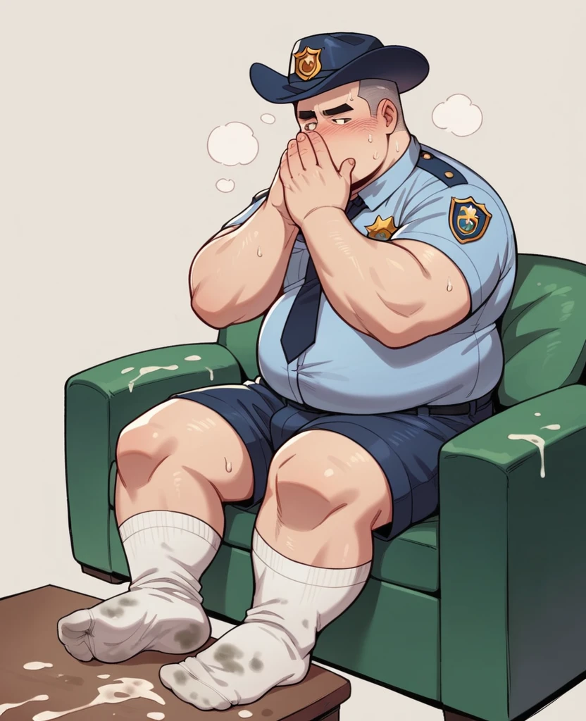 Old police officer grandpa, grey hair, male, fat, chubby, clean cut , wearing dirty socks, only wearing socks, leaking cum, cum everywhere, smelly socks, sweaty, stench coming from socks, sitting on couch, white socks, wearing cowboy hat, covering mouth, feet propped up on table