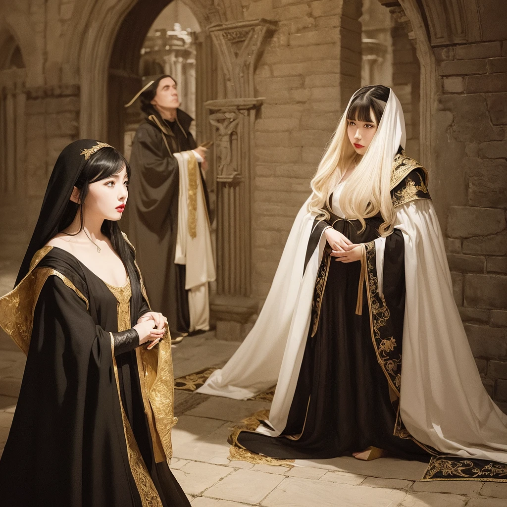 A black-haired girl with white skin, big red lips, a black cloak with golden embroidery, and an elf man with long golden hair, a black robe up to his knees, who is leaning against the castle wall and looking at the girl from behind, and the air is dark.