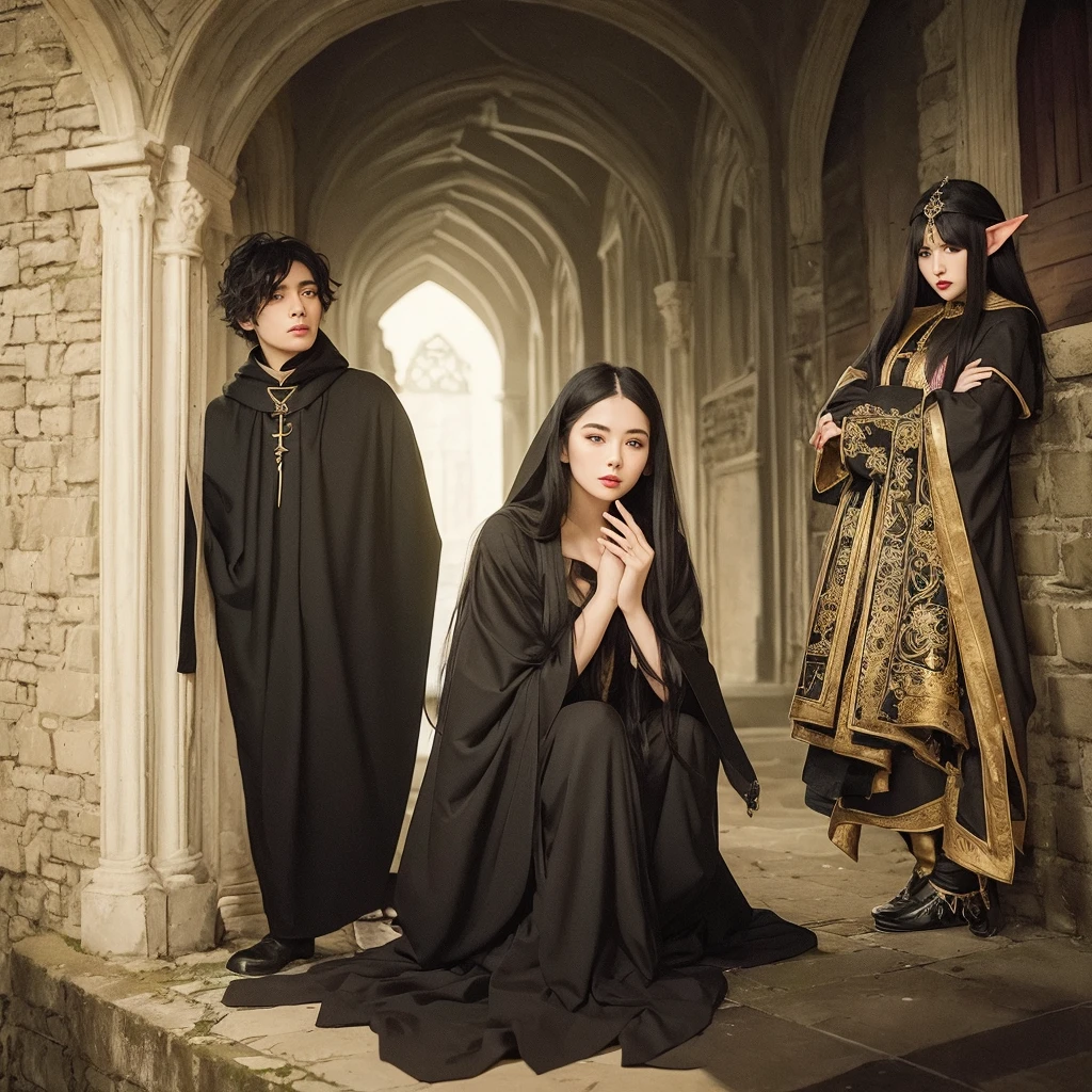 A black-haired girl with white skin, big red lips, a black cloak with golden embroidery, and an elf man with long golden hair, a black robe up to his knees, who is leaning against the castle wall and looking at the girl from behind, and the air is dark.